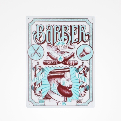 Placa metálica decorativa com tema de barbearia e texto em azul e castanho