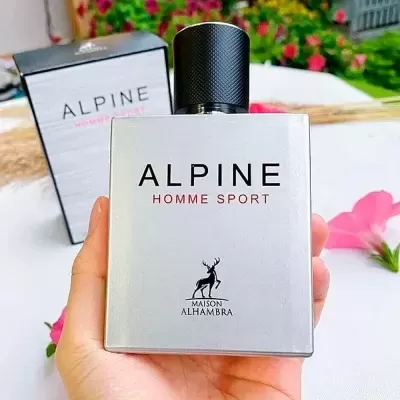 Frasco de perfume masculino ALPINE HOMME SPORT com caixa ao fundo e flores coloridas