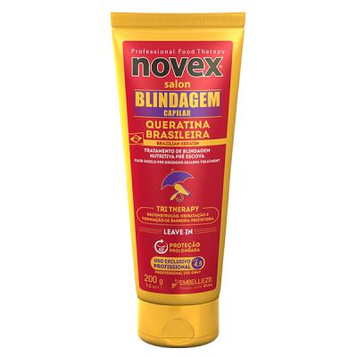 Tubo amarelo e vermelho de creme capilar Novex Blindagem Capilar Queratina Brasileira
