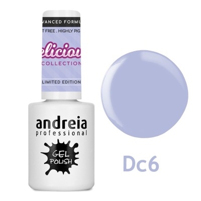 Esmalte de gel lilás claro Dc6 da marca andreia em embalagem branca com texto preto e lilás