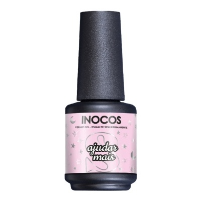 Frasco de verniz gel INOCOS com rótulo rosa e tampa preta