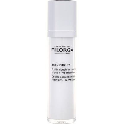 Frasco branco de fluido cosmético FILORGA Age-Purify com texto em preto