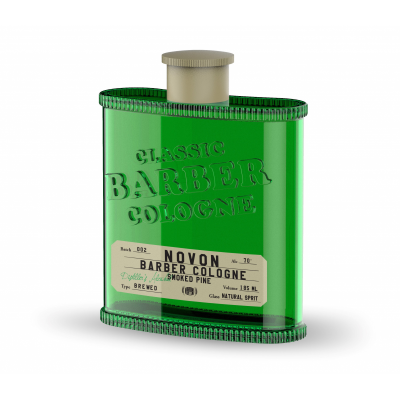 Frasco verde translúcido de colónia Barber Cologne com etiqueta branca e tampa cinzenta