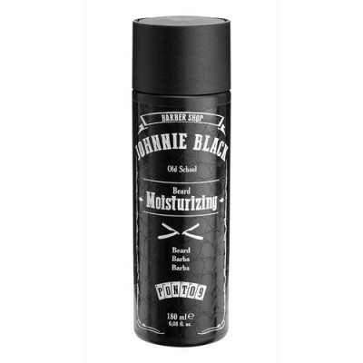 Frasco preto com tampa preta de hidratante para barba Johnnie Black com texto branco