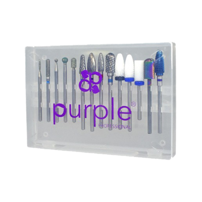 Conjunto de pontas para manicure e pedicure em caixa plástica transparente.