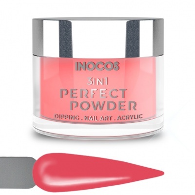 Frasco de pó para unhas rosa da marca INOCOS com tampa prateada e amostra da cor