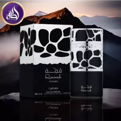 Frasco e caixa de perfume Lattâfa Qimmah For Men em padrão preto e branco com montanhas ao fundo