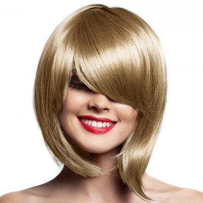 Peruca sintética loiro dourado com corte assimétrico e franja longa