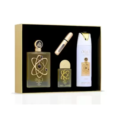 Conjunto de perfumaria com frascos dourados e vidro fosco em embalagem preta e dourada