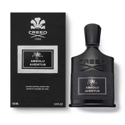 Frasco e embalagem preta do perfume CREED Absolu Aventus