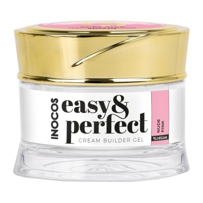 frasco transparente de gel creme para unhas com tampa dourada e etiqueta branca e rosa