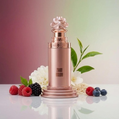 Frasco de perfume dourado rosado com frutas e flores