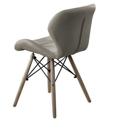 Cadeira cinzenta com pernas de madeira clara e suportes metálicos pretos