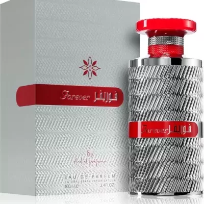 Perfume Eau de Parfum prateado texturado com detalhes vermelhos e caixa cinza com faixa vermelha e texto Forever