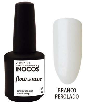 Frasco de verniz gel INOCOS floco de neve com amostra de cor branco perolado