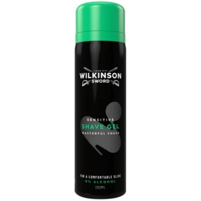 Gel de barbear Wilkinson Sword para pele sensível em embalagem preta e verde
