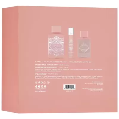 Conjunto de fragrâncias BADEE AL OUD NOBLE BLUSH em embalagem rosa pastel