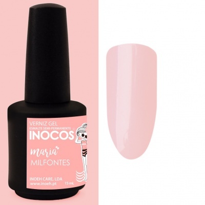 Garrafa de verniz gel preta com rótulo rosa e amostra da cor rosa clara.