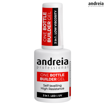 Frasco branco de gel de construção para unhas Andreia Professional com etiquetas vermelhas e pretas
