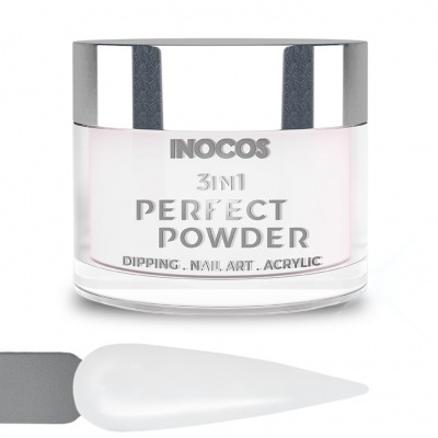 Embalagem de pó acrílico INOCOS 3IN1 PERFECT POWDER com amostra branca de unha artificial