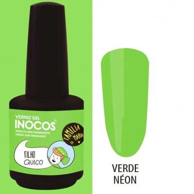 Verniz gel Inocos verde néon com rótulo e amostra de cor