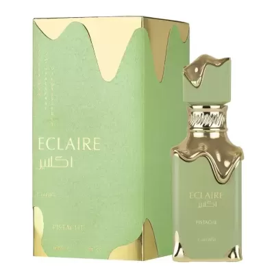 Perfume ECLAIRE Pistache Lattafa frasco e caixa verde e dourado