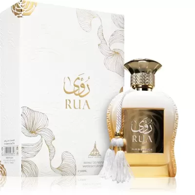 Frasco de perfume RUA branco e dourado com embalagem branca decorada