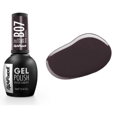 frasco de esmalte de gel castanho escuro com amostra da cor