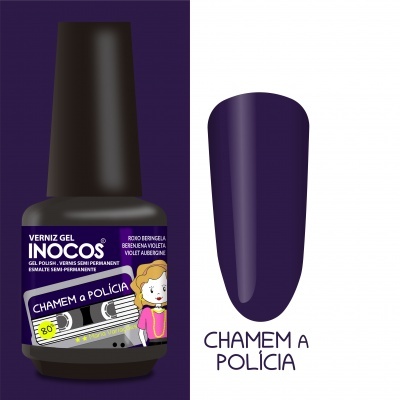 Verniz gel Inocos cor roxa 'CHAMEM A POLÍCIA' com ilustração e amostra de cor.
