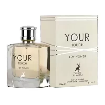 Frasco de perfume YOUR TOUCH para mulher com embalagem creme e texto preto.
