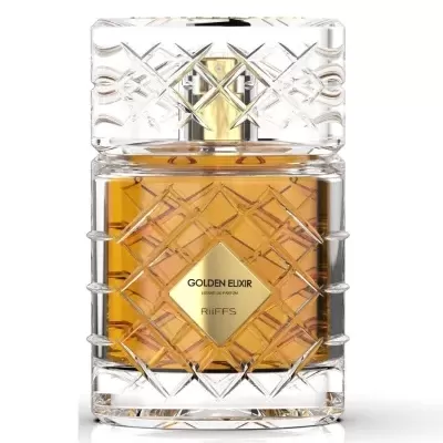 Frasco de perfume Golden Elixir em vidro transparente com padrão e líquido âmbar