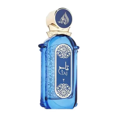 Frasco de perfume azul com tampa dourada e texto 'TAJ'