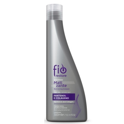 Frasco cinzento de champô Fio Restore com tampa transparente e texto roxo e branco