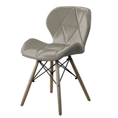 Cadeira cinzenta com pernas em madeira clara e estrutura metálica preta.