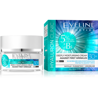Creme facial Eveline Cosmetics Hyaluron Clinic 30+ com embalagem azul e branca