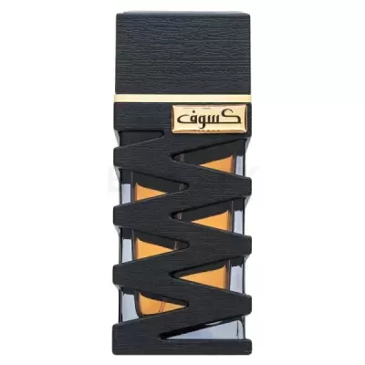 Frasco de perfume com tampa preta, detalhe dourado e faixa preta em zig-zag