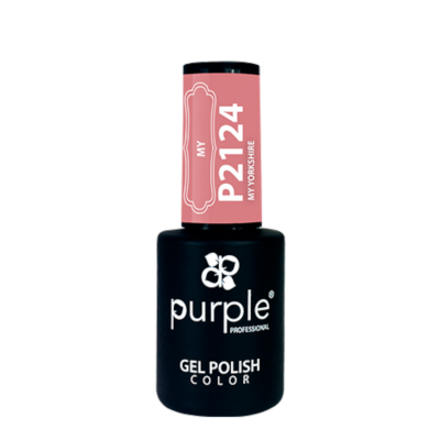 Verniz gel para unhas Purple Professional com tampa rosa claro e corpo preto.