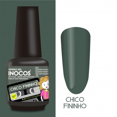 Verniz gel Inocos cor Verde Alecrim com amostra da cor e texto Chico Fininho
