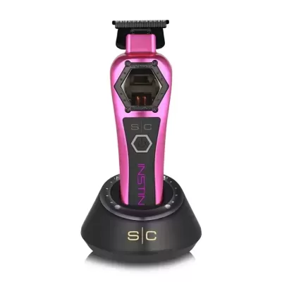 Máquina de cortar cabelo rosa metálico com base de carregamento preta