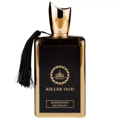 Frasco de perfume dourado e preto com tassel e texto Killer Oud