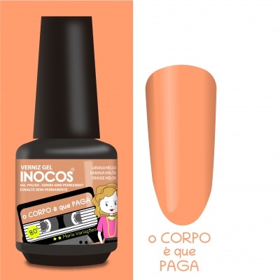 Verniz gel INÓCOS cor laranja melão com embalagem preta e etiqueta colorida