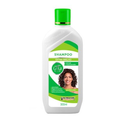 Frasco de shampoo Gota Dourada Extra Brilho com rótulo verde e branco