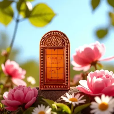 Garrafa de perfume âmbar com moldura dourada rodeada de flores