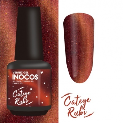 Frasco de verniz gel Inocos cor Cateye Rubi e amostra da cor
