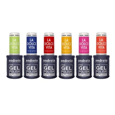 Seis vernizes gel Andreia Professional com cápsulas coloridas e rótulo LA DOLCE VITA