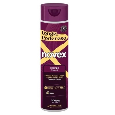 Frasco roxo de champô Novex Longo Poderoso, 300 mL, com rótulo amarelo e roxo