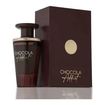 Frasco de perfume e caixa em tons castanhos e dourados
