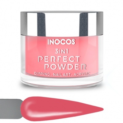 Frasco de pó para unhas rosa INOCOS com tampa prateada e amostra da cor em unha artificial