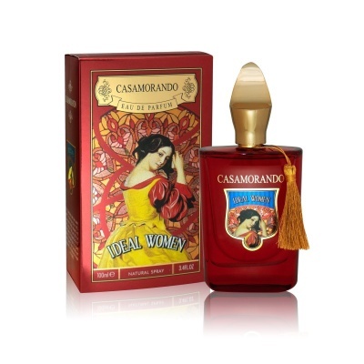 Perfume Casamorando Ideal Women em frasco vermelho com tampa dourada e caixa vermelha ilustrada