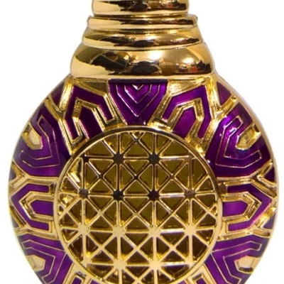 Frasco decorativo de perfume dourado e roxo com padrão geométrico
